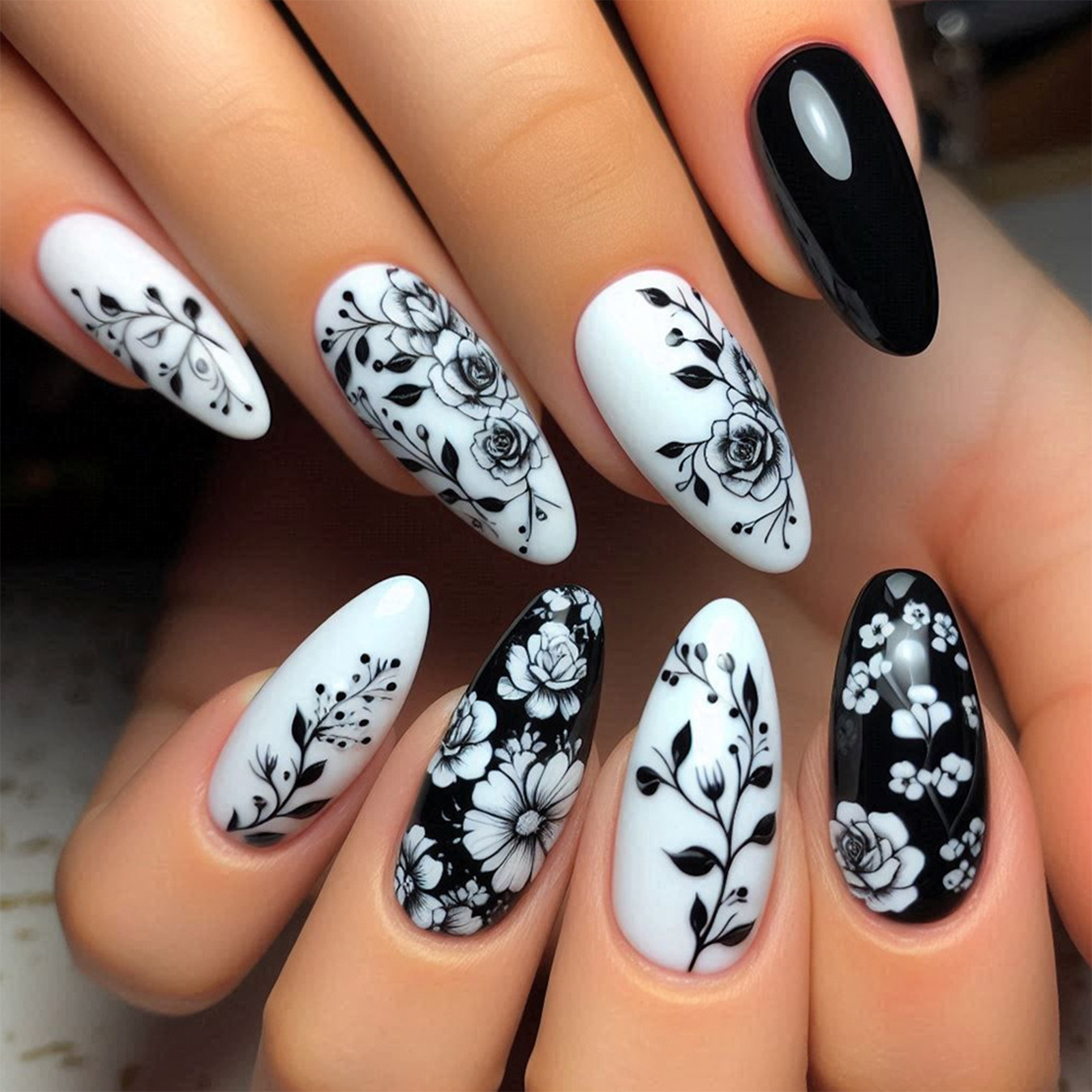 24Pcs Almond Fake Nails Black/ - Pressed Flower Art avaliação e preço