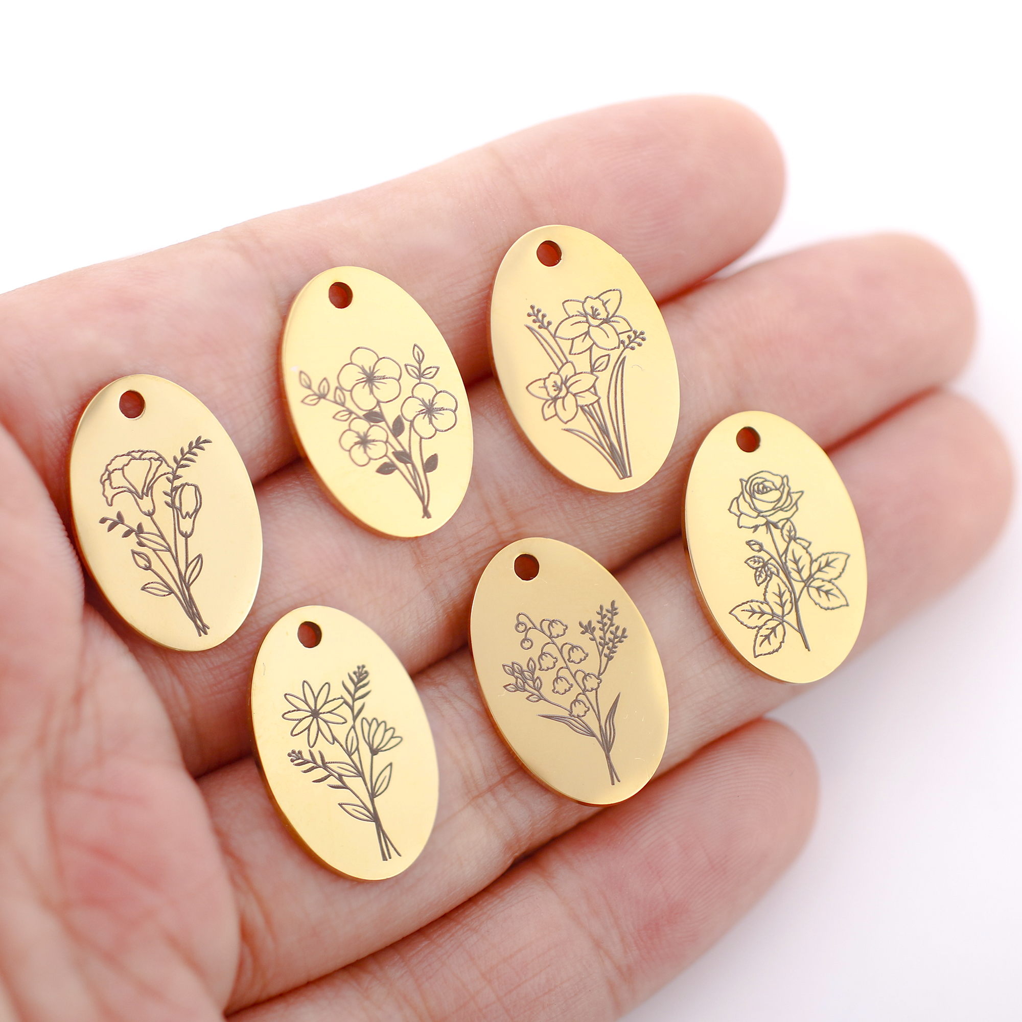 5Pcs Oval Birth Month Flower P - Birth Flower Necklace avaliação e preço