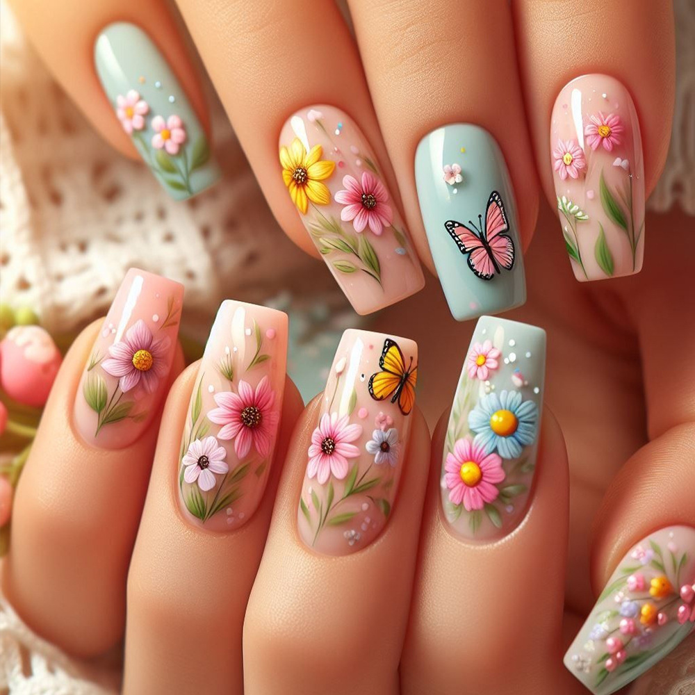 Medium long fake nails gradien - Pressed Flower Art avaliação e preço