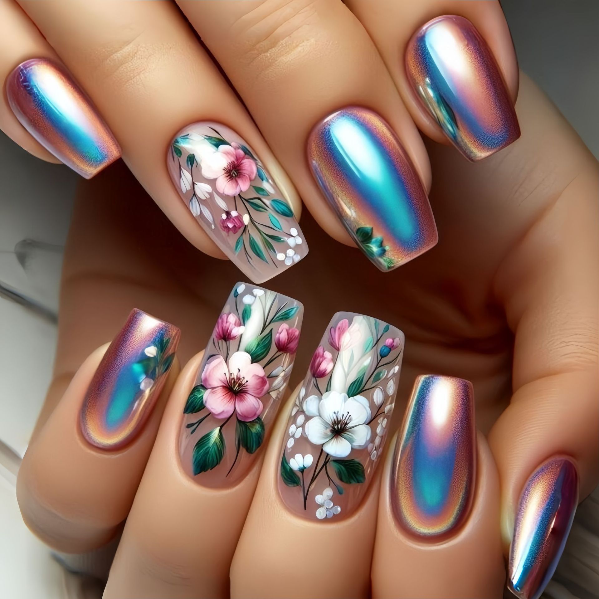 Medium long fake nails for wom - Pressed Flower Art avaliação e preço