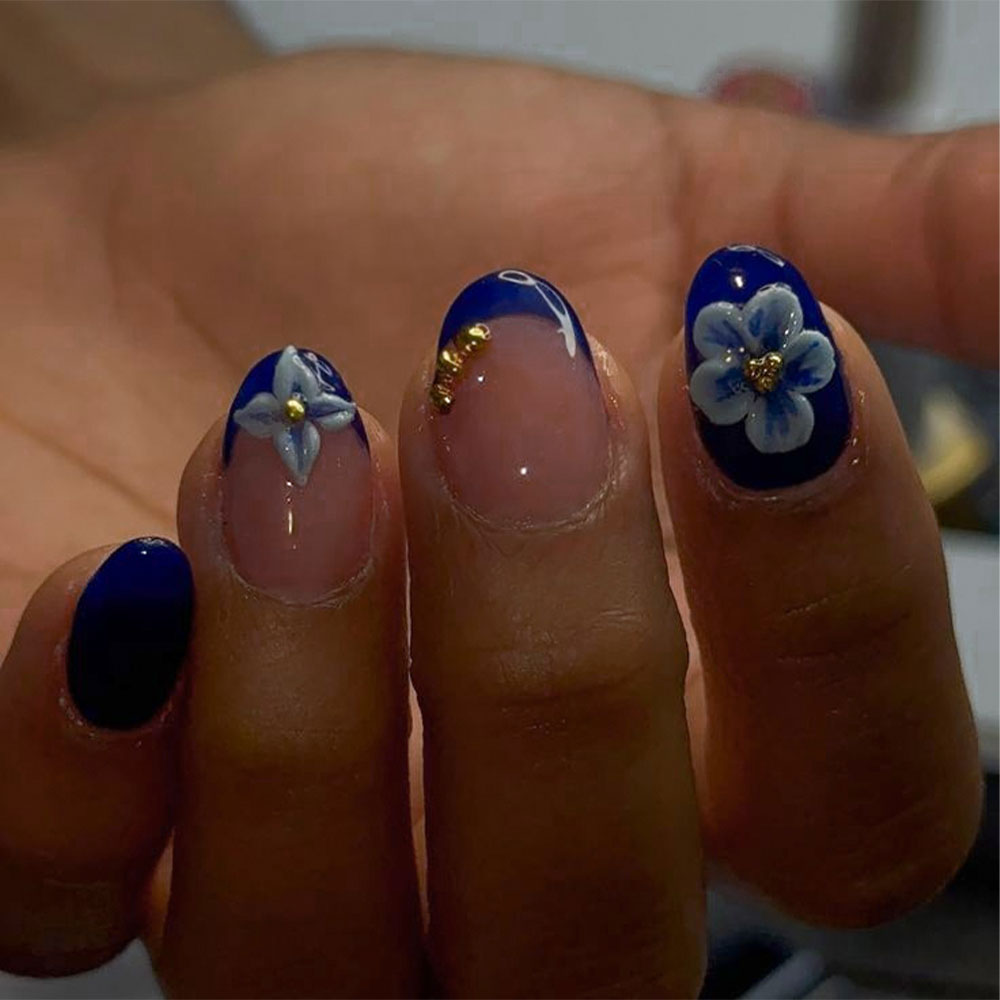 24pcs Short Oval 3D Gel Nail S - Pressed Flower Art avaliação e preço