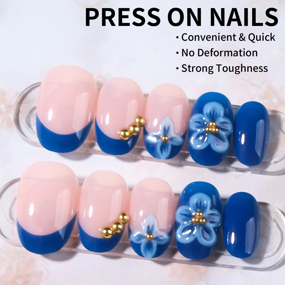 24pcs Short Oval 3D Gel Nail S - Pressed Flower Art avaliação e preço