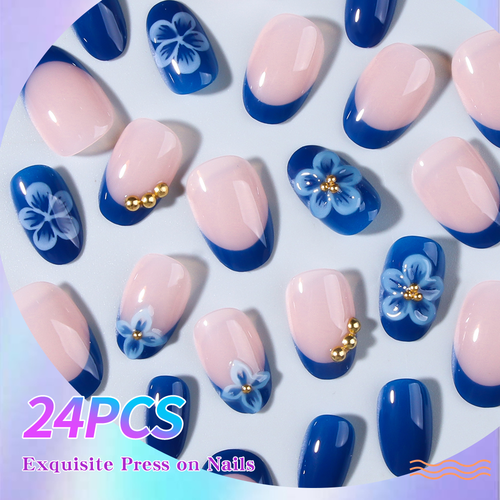 24pcs Short Oval 3D Gel Nail S - Pressed Flower Art avaliação e preço