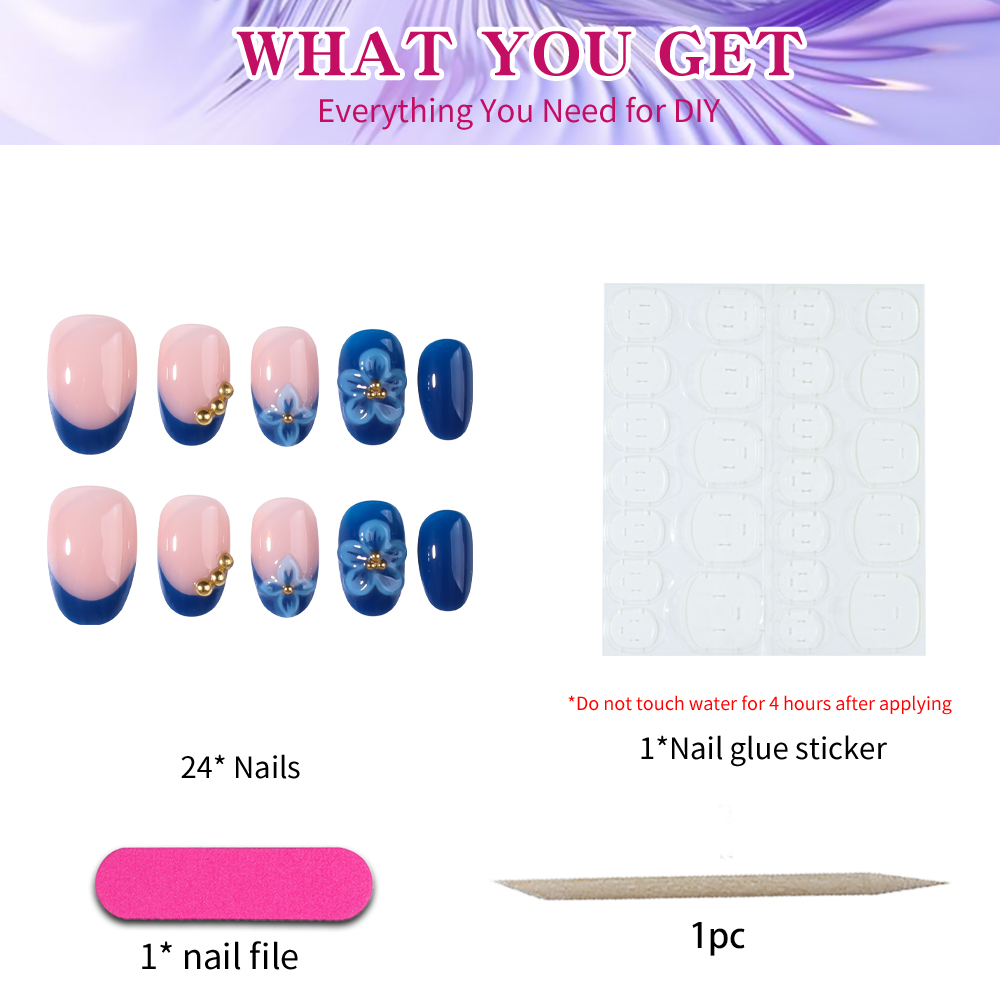 24pcs Short Oval 3D Gel Nail S - Pressed Flower Art avaliação e preço