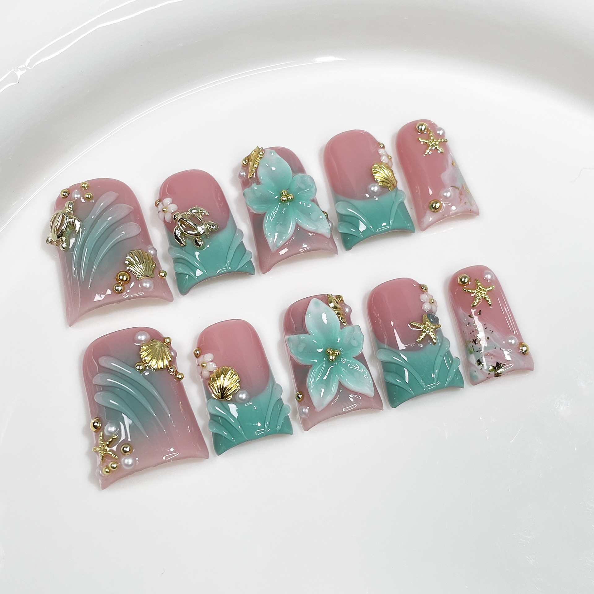 10pcs Ocean Style Fake Nails D - Pressed Flower Art avaliação e preço