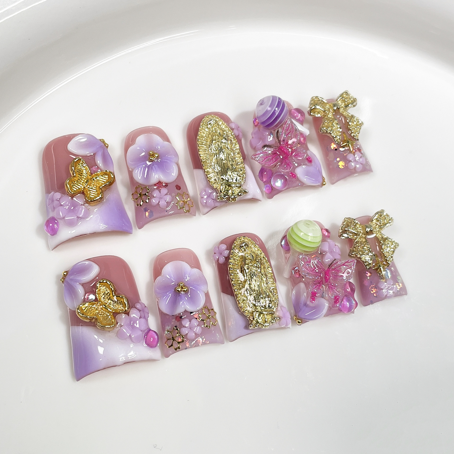 10pcs Ocean Style Fake Nails D - Pressed Flower Art avaliação e preço
