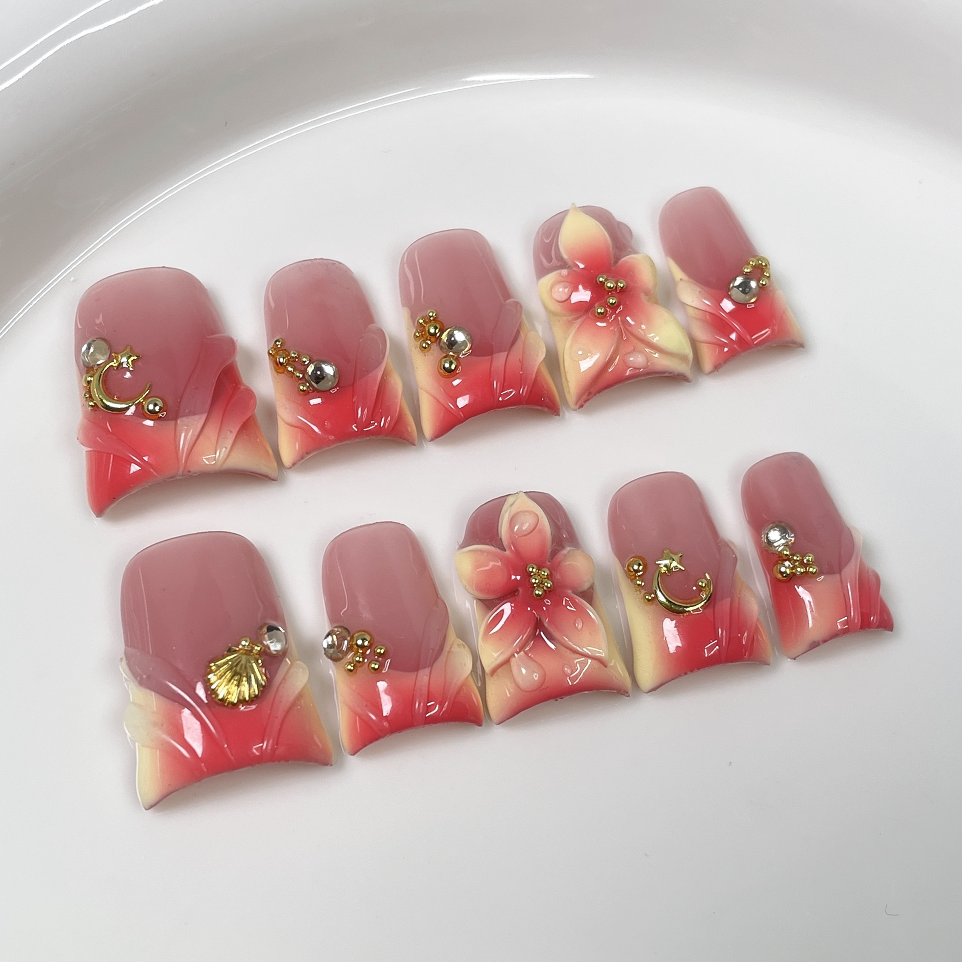 10pcs Ocean Style Fake Nails D - Pressed Flower Art avaliação e preço