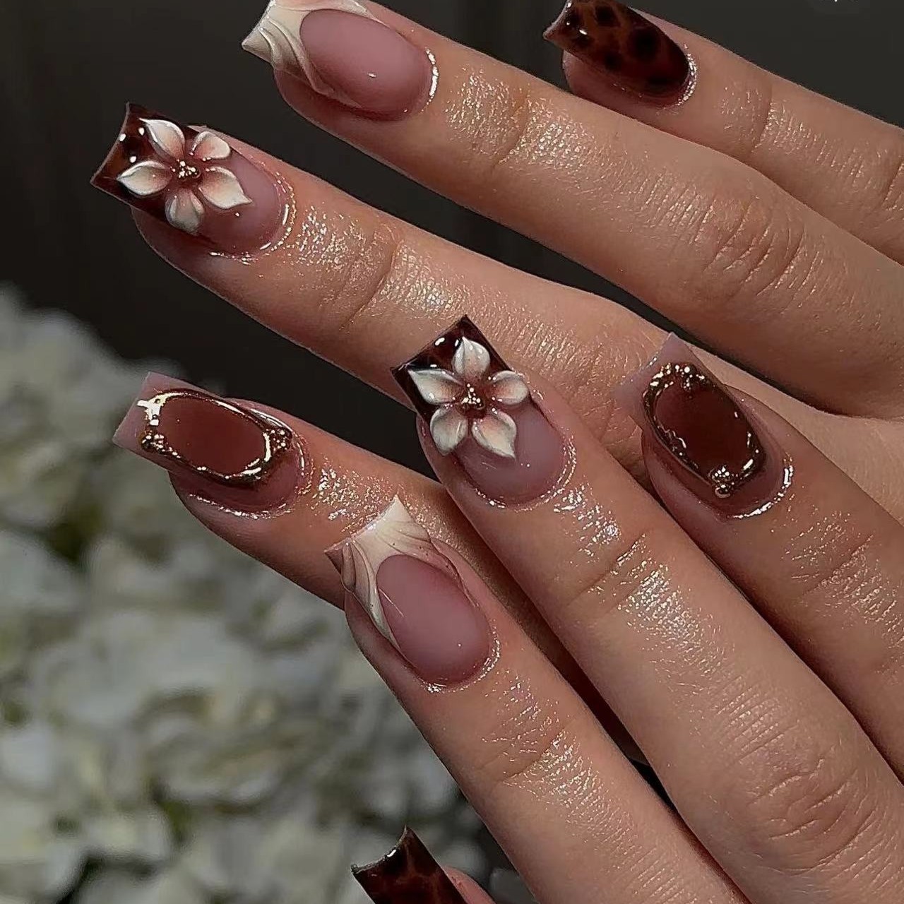 Short square fake nails for wo - Pressed Flower Art avaliação e preço